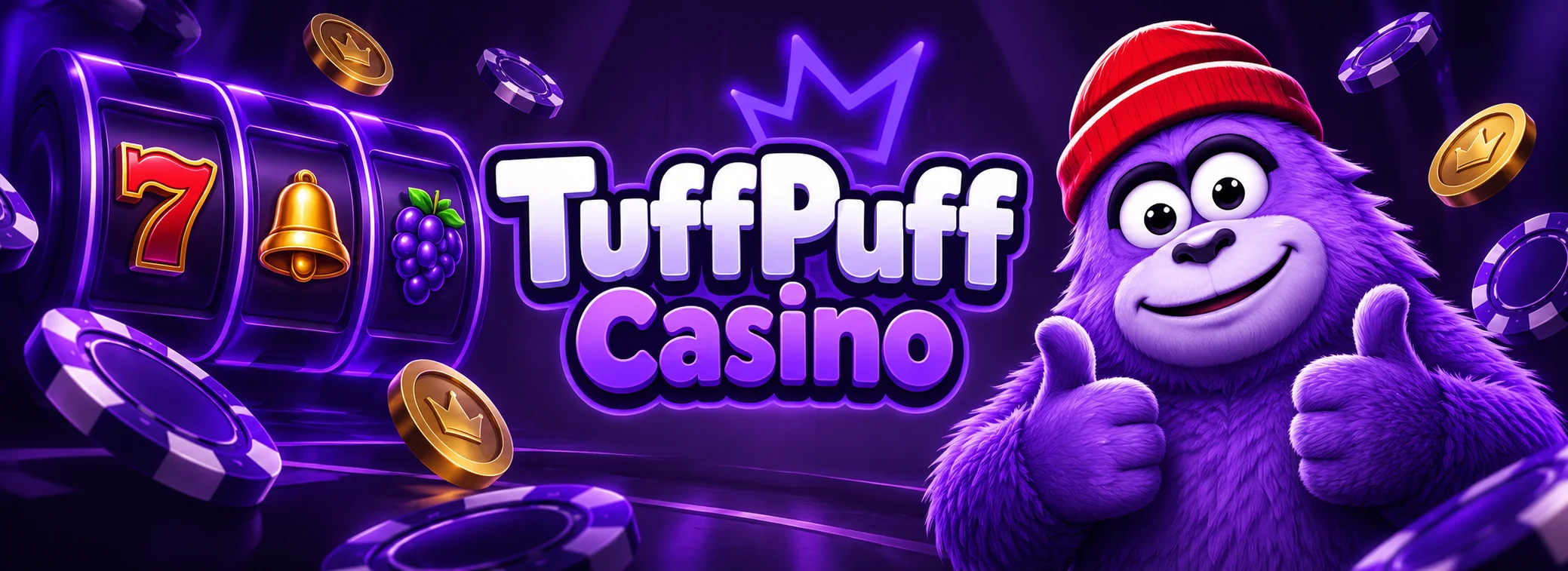 TuffPuff Casino Nederland met paars pluche mascotte en het Welkomstpakket van 240% tot € 2.500